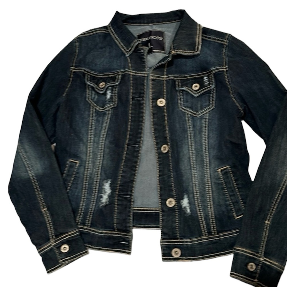 NWOT MAURICES denim Jean jacket, dark, distressed, fall large L